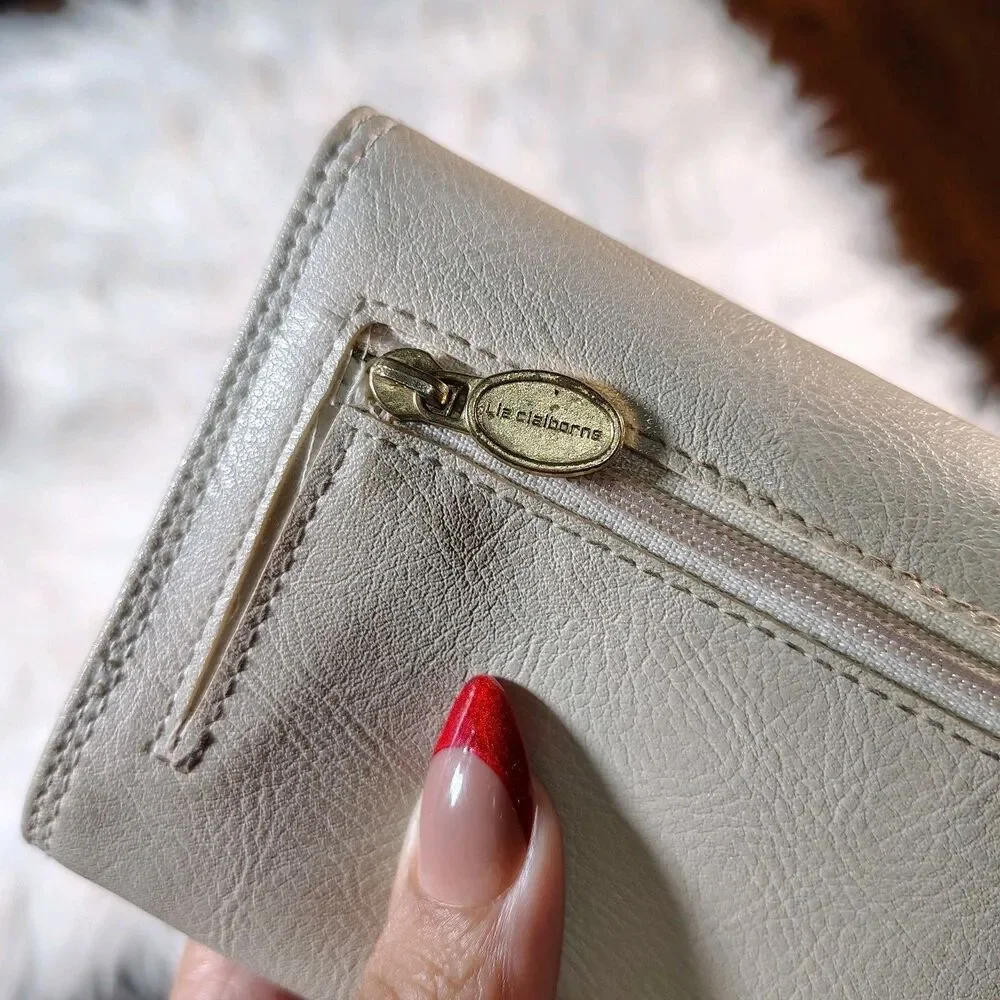 Beige Tri Fold Faux Leather Liz Claiborne Wallet Gold Hardware VTG